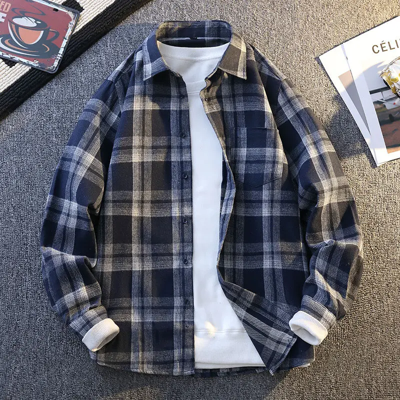 

Весна/Лето 2025 г., высококачественная мужская американская рабочая одежда, повседневная мужская рубашка в клетку, рубашка из чистого хлопка