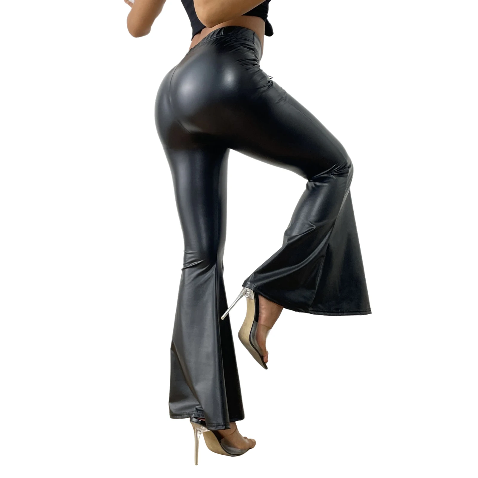 Damen-Hose aus Kunstleder mit Schlaghose, modische Schnürung vorne, elastischer Bund, Schlaghose für Party, Straße, Alltag