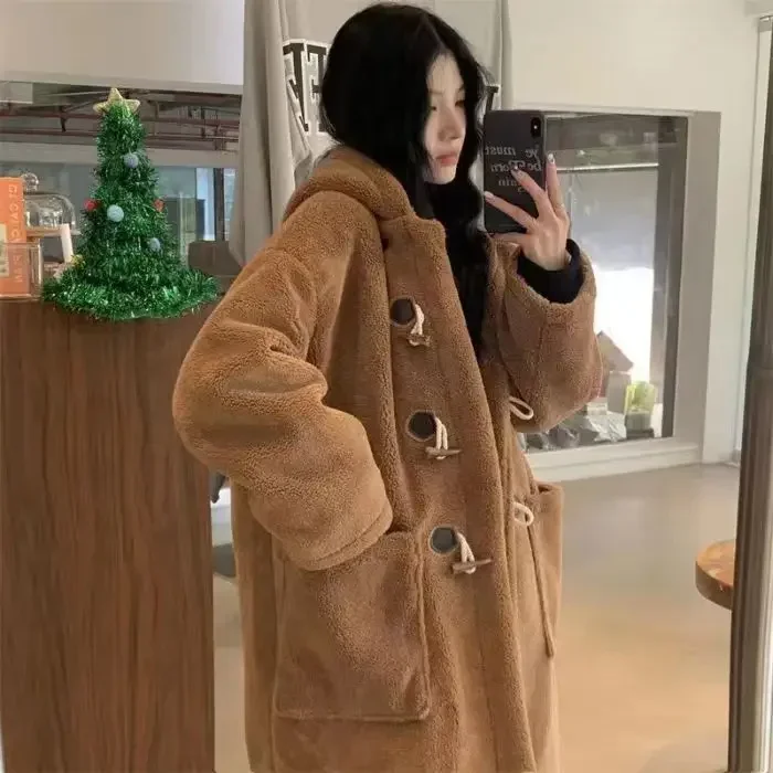Faux Woolen Long Coat Women Long Sleeve Big Pocket Hoodies Outwear 2025 Autumn Winter Thickening Warm Loose Lady Jackets