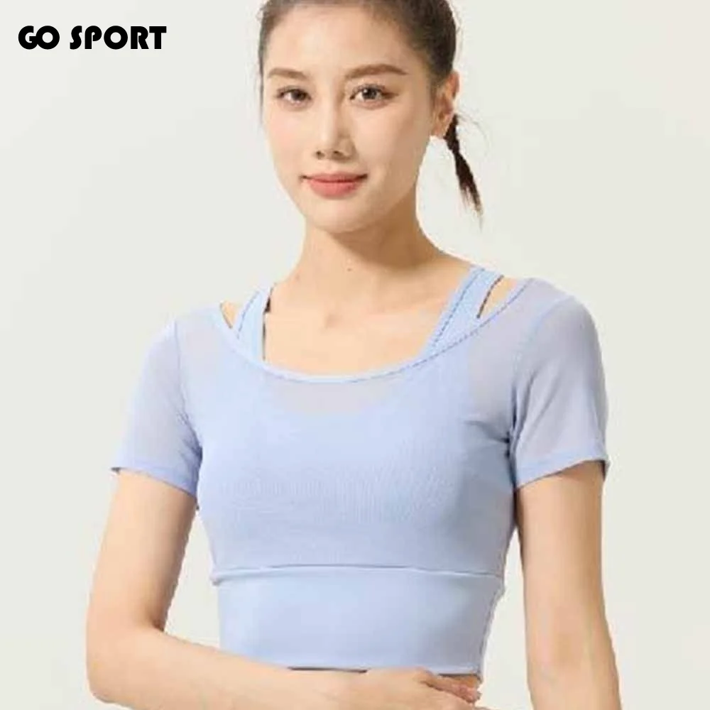 Sports Underwear Short Sleeve Women Yoga Shirts Padded Fake 2 Pieces Sports Tees Mesh Breathable Gym Tops Yoga