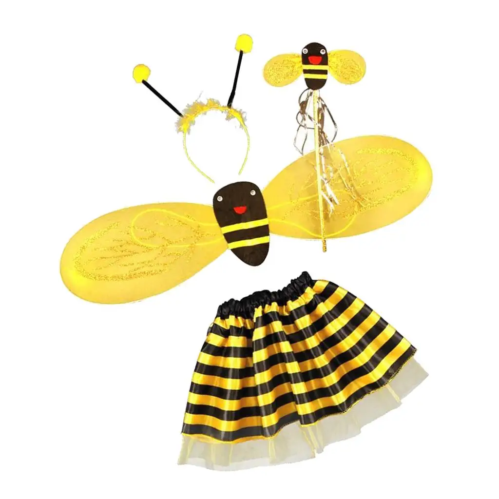Bee Halloween-kostuum voor meisjes en jongens, verwijderbare glinsterende vleugels, feestoutfit met hoofdband en rokset
