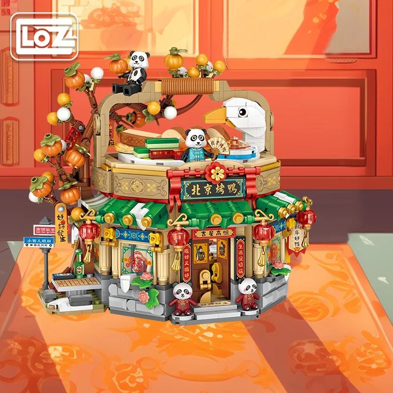 Loz Building Blocks New Year Roast Duck Shop National Fashion Street View Building House Small Particle Assembly Toy Food Spring