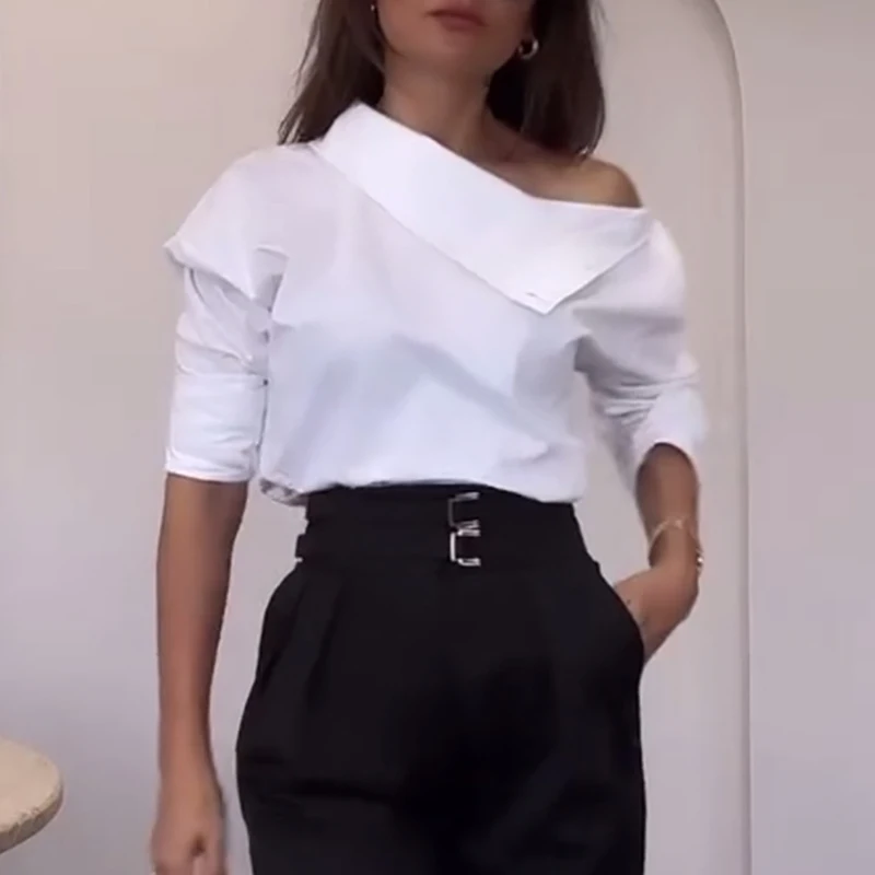 

2025 Fashion Slanted Neck Commuter Blouse Women Casual Long Sleeve Button Solid Color Shirt Office Elegant Slim Fit Pullover Top