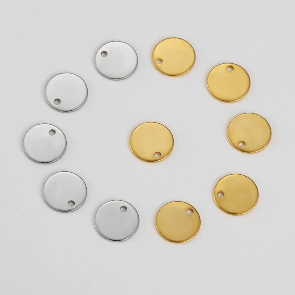 Breloques rondes en acier inoxydable, 8-15mm, étiquettes de chien d'estampage dorées vierges pour bijoux de bricolage, bracelet de direction, collier, 20 pièces