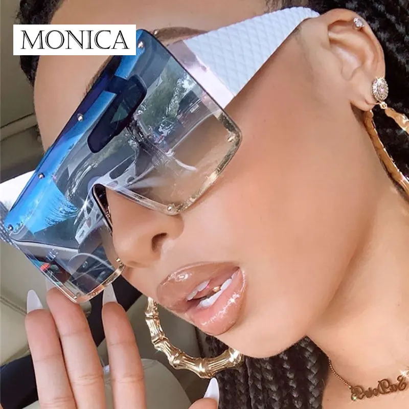 Oversized One-piece Sunglasses Women 2024 Trends Metal Rimless Vintage Blue Sunglass Man Gradient Lens UV400 Driving Glasses