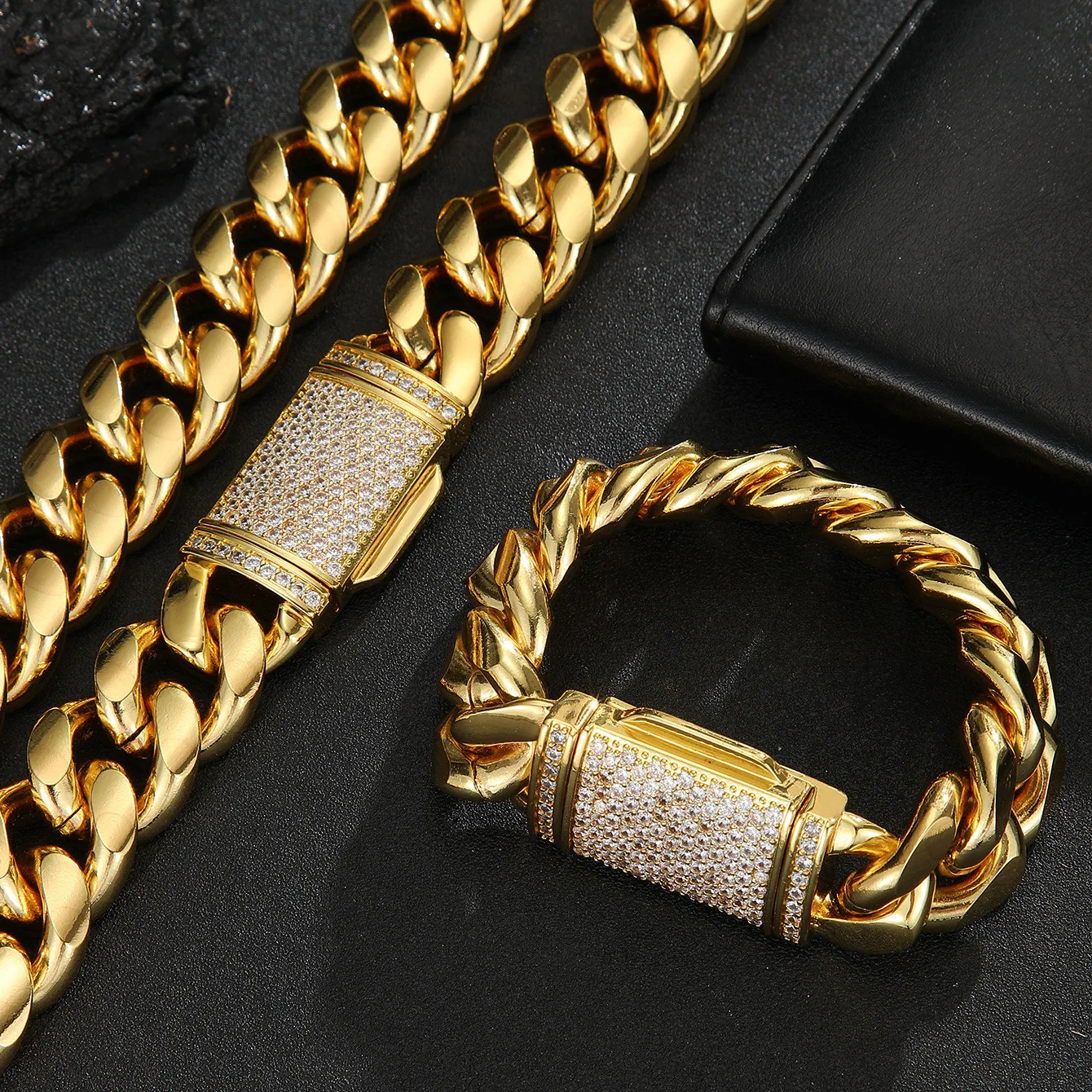 Luxury 24K 9999 Pure Gold real gold Men's Hip Hop Flip Button Miami Cuban Bracelet Necklace