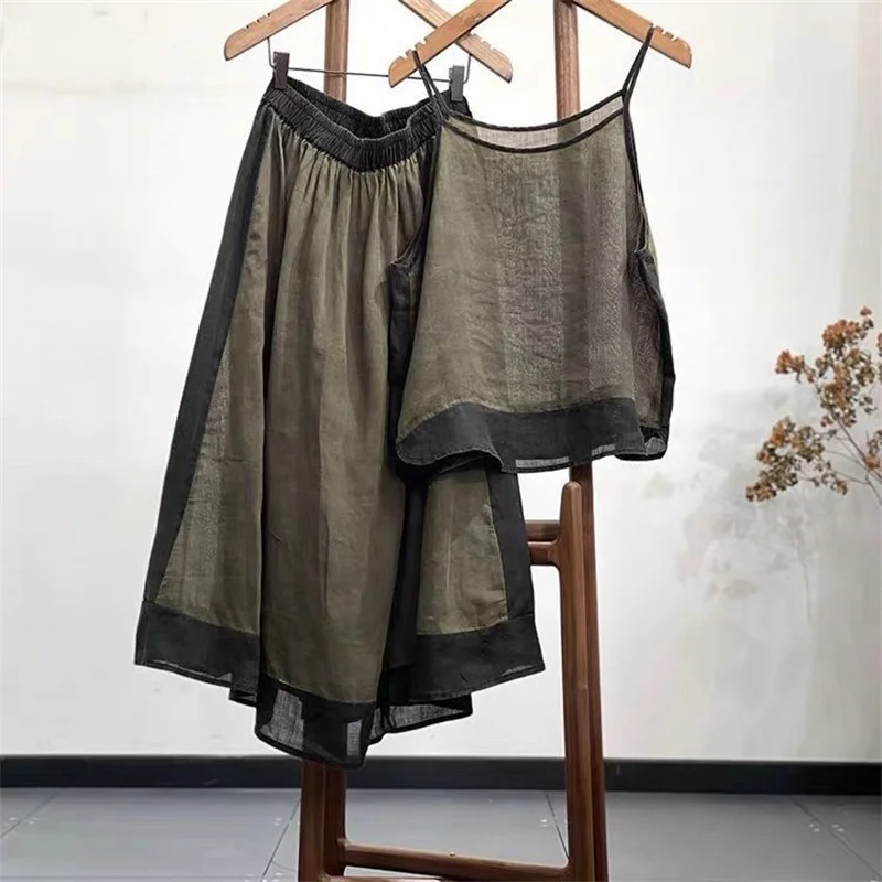 

Summer Ramie Camisole Patchwork Women's Set Elastic Waist Big Swing A Line Skirt Suit Spaghetti Strap 2 Piece Set