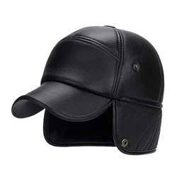 Winter Men's Leather Hat Thicken Leather Sheepskin Baseball Caps With Ears Warm Snapback Dad's Hats Sombrero De Cuero Del Hombre