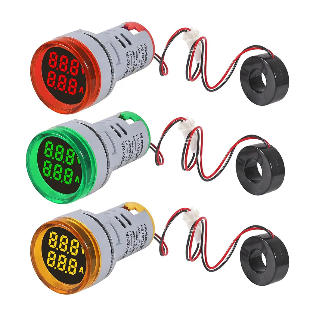 

2 в 1, 60-500 В, 0-100 А, цифровой амперметр переменного тока, вольтметр, 22 мм, закругленный цифровой трубчатый экран с трансформатором, напряжение светодиодного дисплея