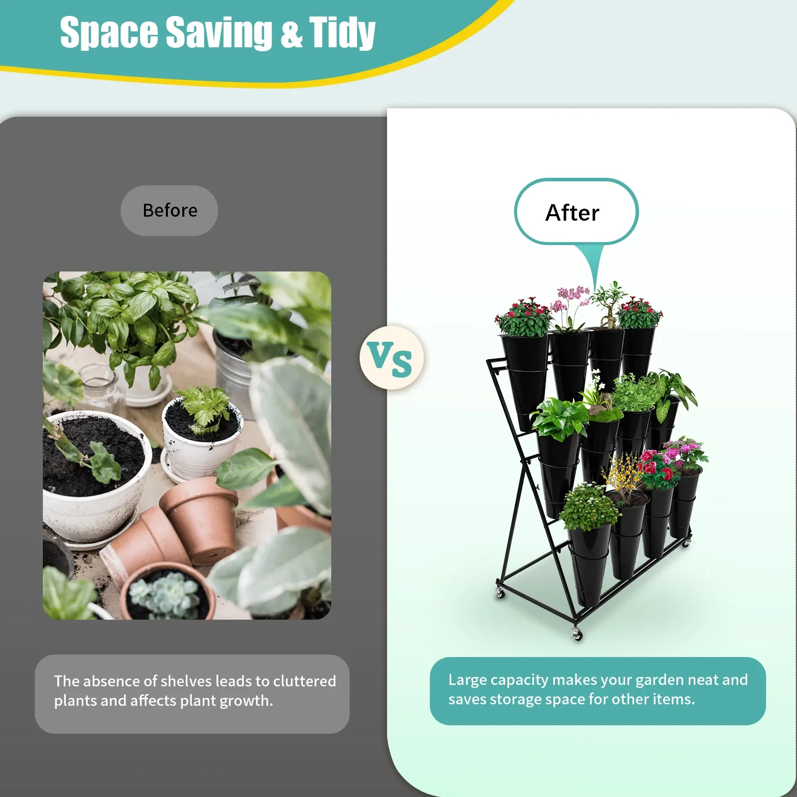 حامل نباتي بعجلات رف عرض نباتات زهور داخلي خارجي + 12 دلاء حديقة 3 طبقات حامل زهور معدني مثلث