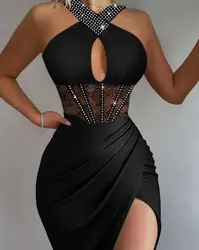 Sexy noite fora vestidos de festa para as mulheres 2022 strass ruched alta fenda contraste rendas espartilho sem mangas halter vestido fino novo