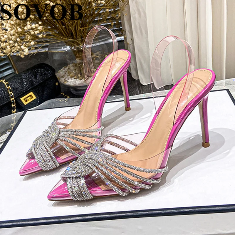 New Summer Pvc Transparent Rhinestone Decoration Thin High Heel Women's Pointed Toe Back Strap Sandals Sexy Party Banquet Shoes