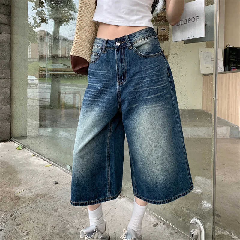 

2025 Trend Women's Y2K Jeans Navy Blue High Waist Wide Leg Denim Capris Vintage Loose Fit 3/4 Length Straight Cut Trousers2692