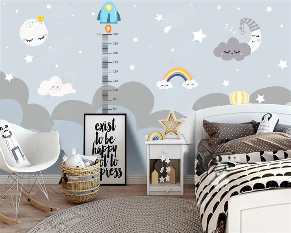 

Beibehang современная простая ручная роспись на заказ papier peint мультфильм космос ракета высота линейка детская комната фон обои