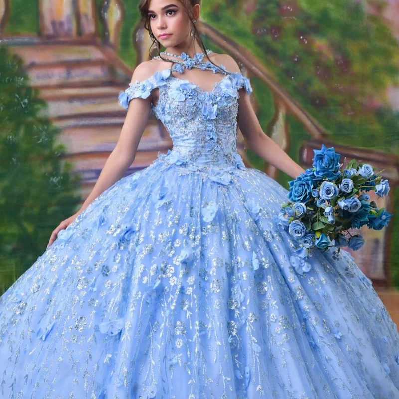 

Блестящее небесно-голубое платье Quinceanera с открытыми плечами, кружевное блестящее 3D цветочное наклейка, длинный хвост, платья de 15, Quinceanera ﻿ Настроить
