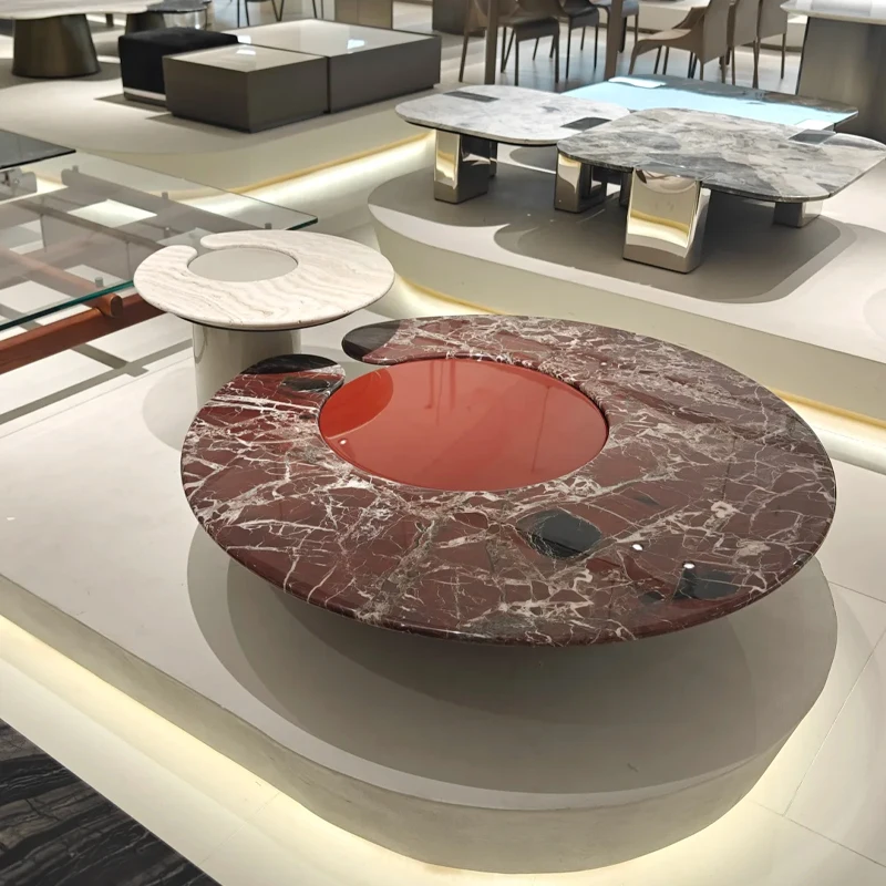 Modern Art Coffee Table 3-piece C-shaped red marble top nested side table with columns