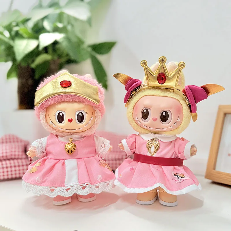 

Одежда для 15/17 см, комплект LABUBU Noble Court-стиля 1-го до 3-го поколения с рубиновой короной, платье принцессы с розовой подкладкой для вечеринки