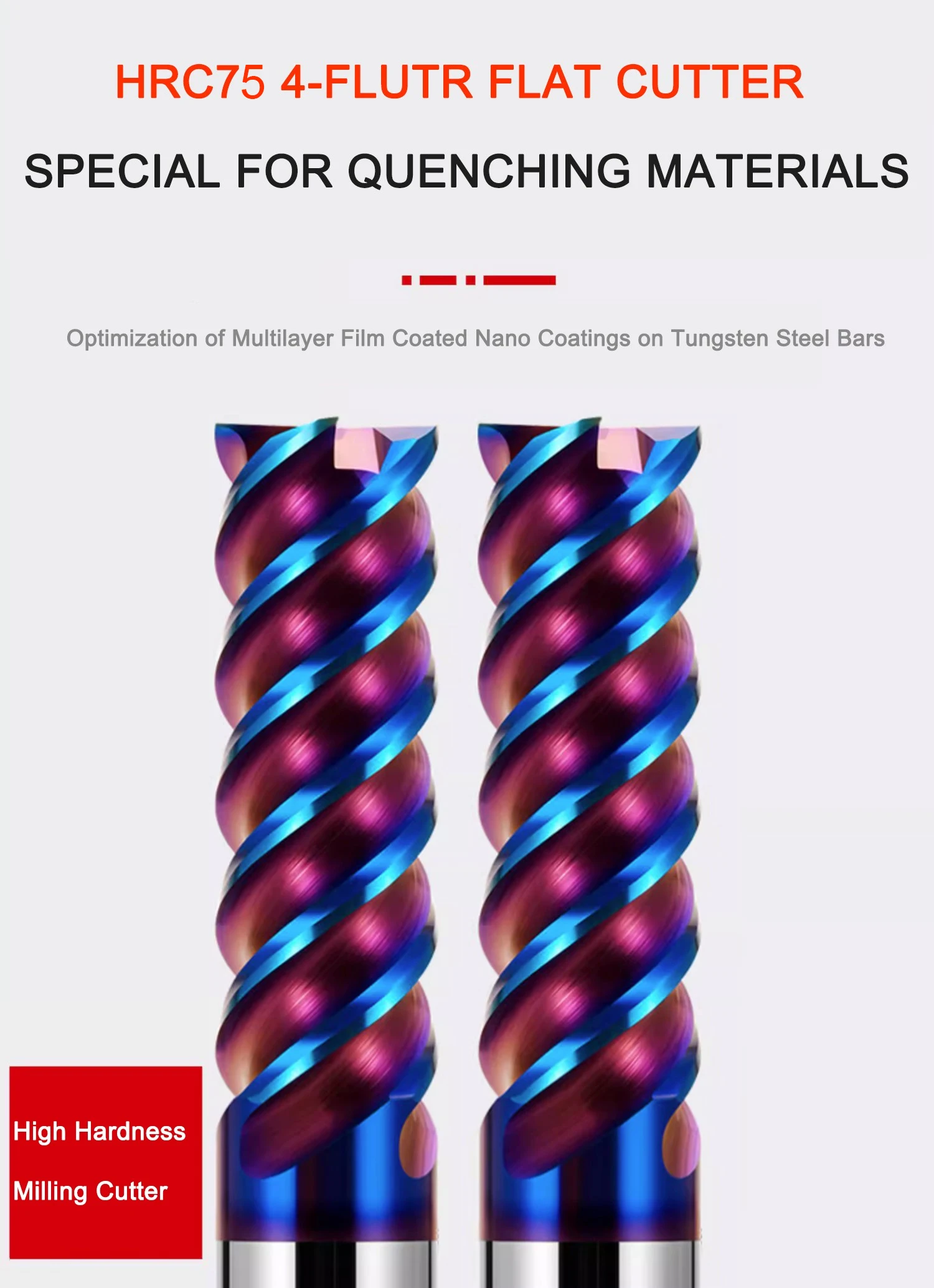 SHAZAM Hartmetall-Wolframstahl-Flachfräser mit blauer Nano-Beschichtung, HRC75, 4-Schneiden, CNC-Maschinen, Spezialfräser für Edelstahl – Detail 1