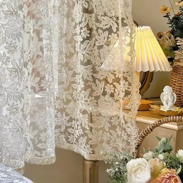 French Curtains Lace Gauze for Living Room  Cream Retro Wavy Edge Bedroom Bay Window Girl Embroidery Curtain Door Decor Custom