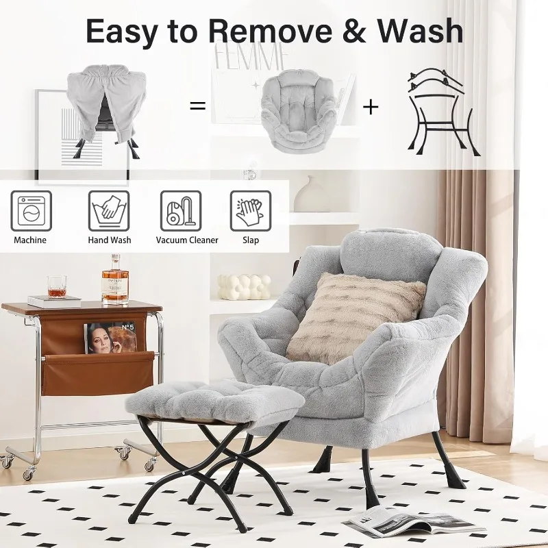 Lazy Chair with Ottoman,  Leisure Sofa Armchair, Reading Chair with Footrest for Bedroom, Living Room,Plush Light Grey