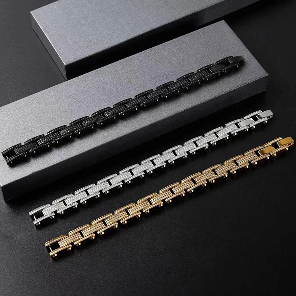 13mm 316L Stainless Steel Watch Chain Bracelets For Men 5A Zircon Hip Hop No Fade Hand Chain Bangles Gothic Jewelry