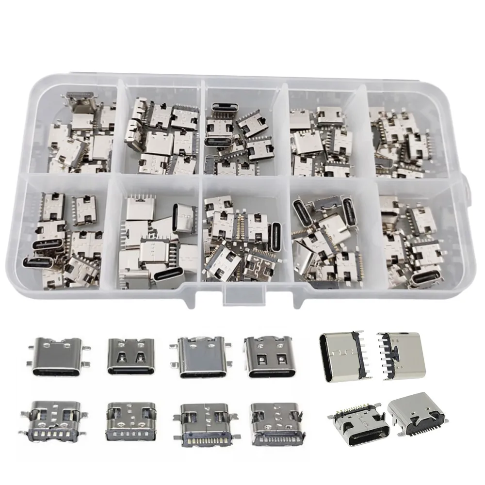 

100PCS 10Models Type-C USB Charging Dock Connectors Mix 6Pin and 16Pin Use for Phone and Digital Product Repair kit