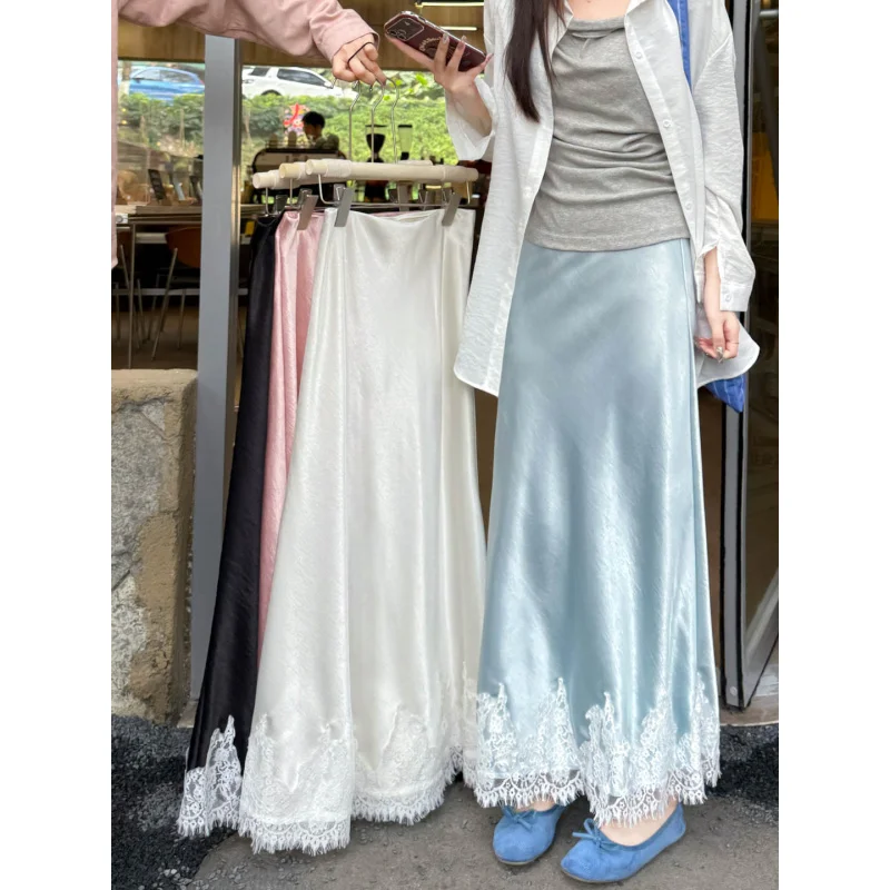 Lace Patchwork Satin Midi Skirt for Women Spring New High Waist Slimming Draped Mermaid Skirt