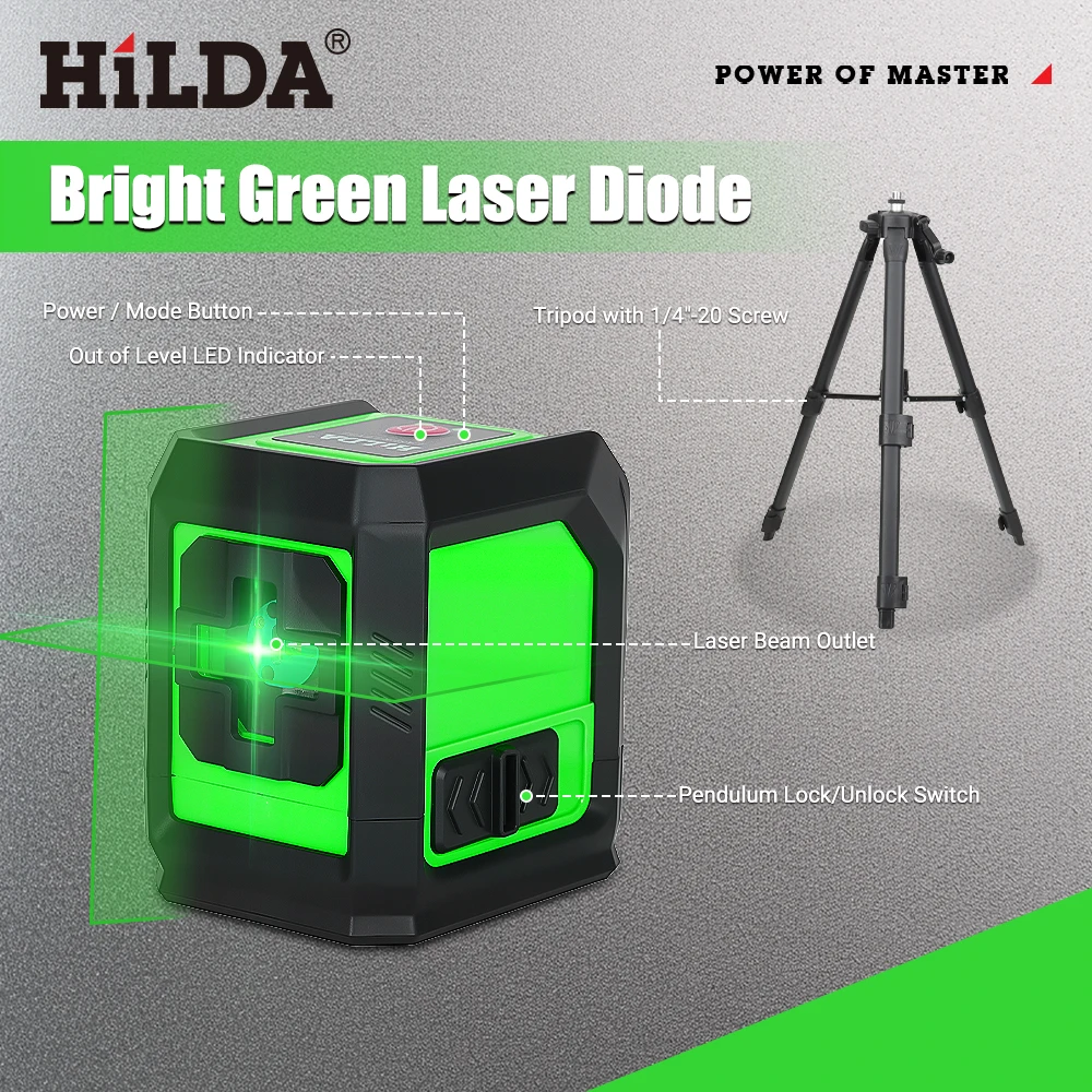 HILDA Laser Level 2 Linien selbstnivellierender Laser mit grünen Strahlen, horizontale und vertikale Kreuzlinie mit 1 m Stativ zum Aufhängen von Bildern – Detail 3