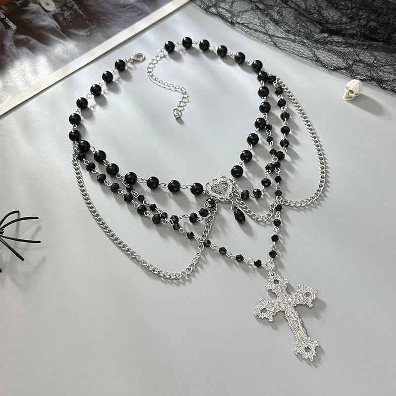 Gothic Black Bead Rosary Cross Layered Choker Necklace, Multi Chain Tassel Ornate Cross Pendant, Y2K Punk Streetwear Jewelry for