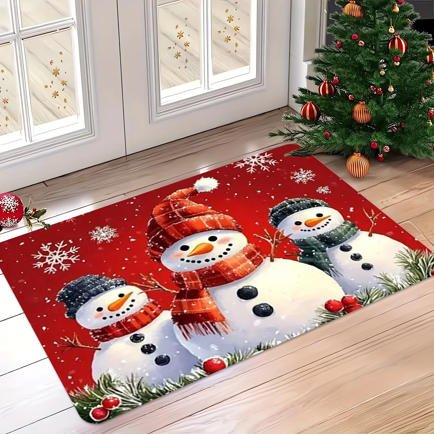 1pc 2D Flat Christmas Rug, Three Snowmen Red Background Snowflake Print, Machine Washable, Soft, for Entryway, Living Room