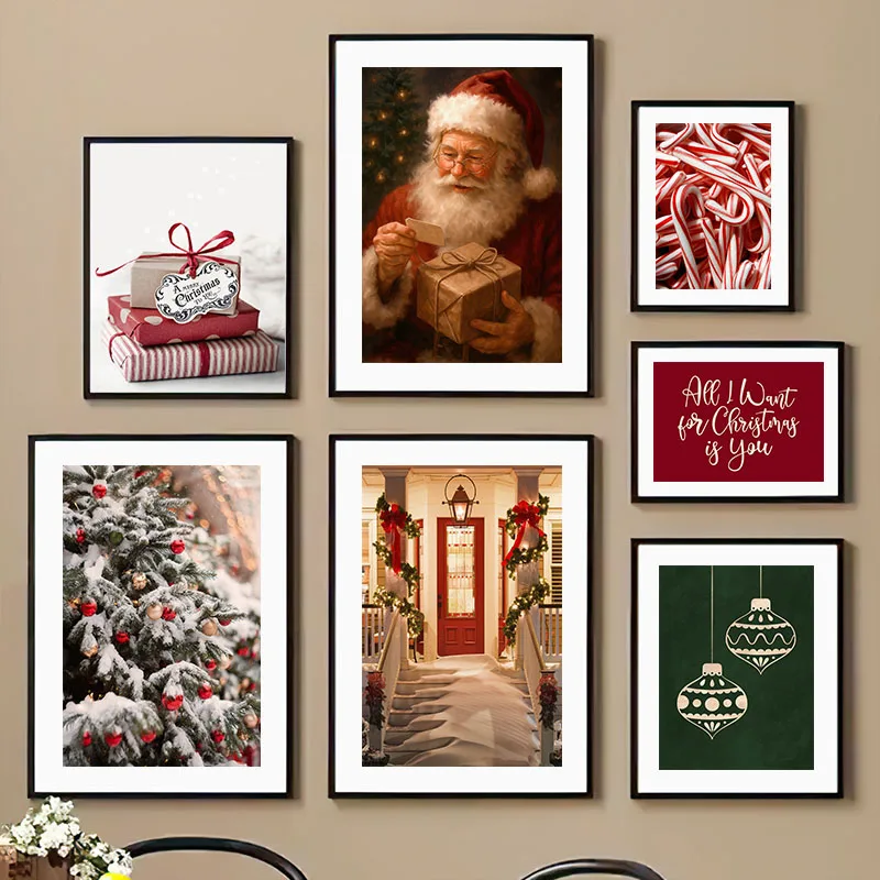 Vintage Christmas Poster Print For Living Room Winter Xmas Santa Claus Decoration Merry Christmas Tree Canvas Painting Wall A