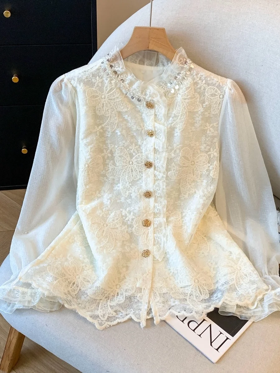 

Elegant Long Sleeve Lace Shirt Women's Spring Autumn Loose Fit Shiny Sequin Embroidery Stand Collar Single Button Fashion Top