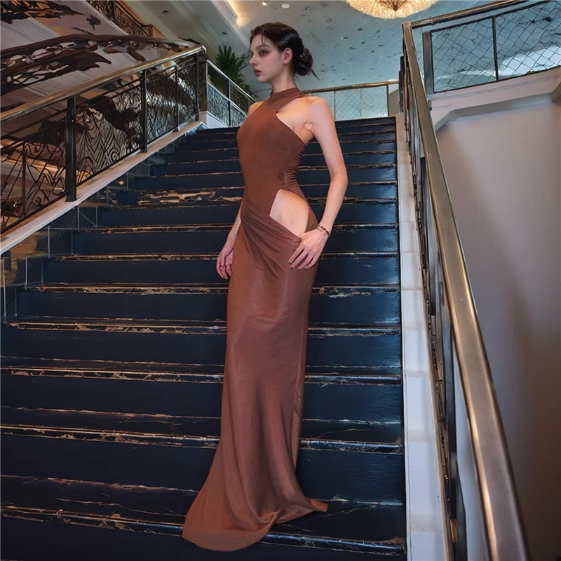 A83F-Women's Summer Lounge Tank Long Dress Elegant Sleeveless Halter Neck Bodycon Maxi Dresses