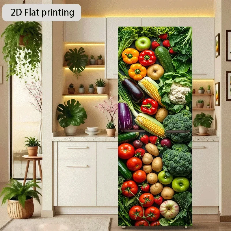 Refrigerator Sticker Fresh Fruits and Vegetables Collection Themed Design Self-Adhesive Wall Decal Wallpaper Suitable for Cabi