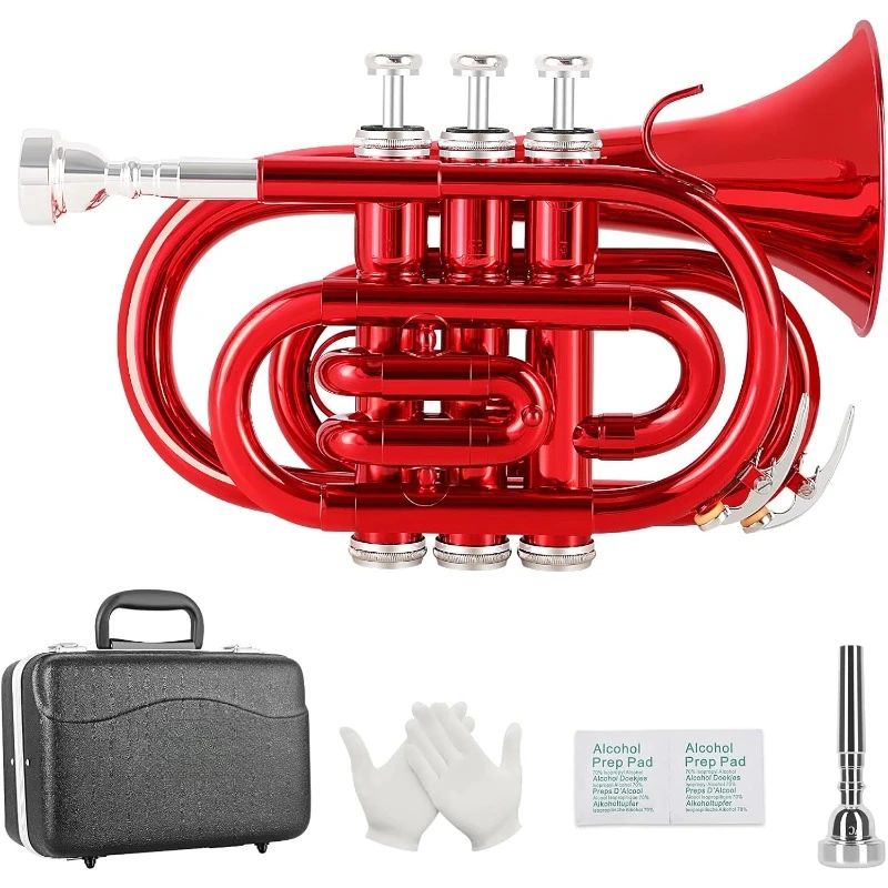 Pocket Trumpet Brass Bb Mini Trumpet with 7 C Mouthpiece, Hard Case, Strap,White Gloves,Cleaning Kit for Students and Beginners