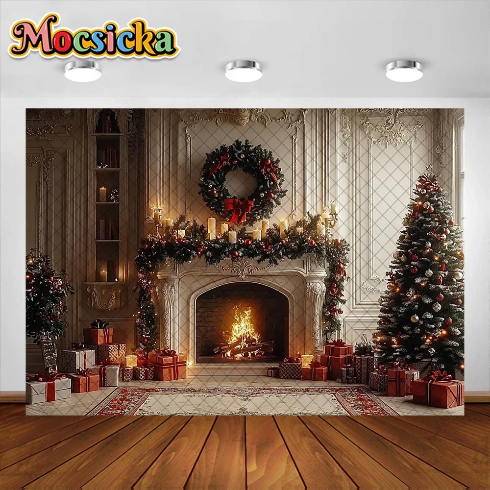 Mocsicka Photography Background Christmas Tree Fireplace Stock Holiday Decorations Kids Portrait Photo Backdrops Studio Props