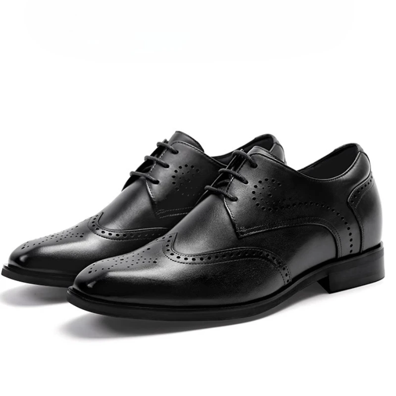Brock Engraved Cowhide Height-increasing Casual Shoes for Men's Dress Shoes Increase 7cm Elevated Breathable Wedding Derby Shoes