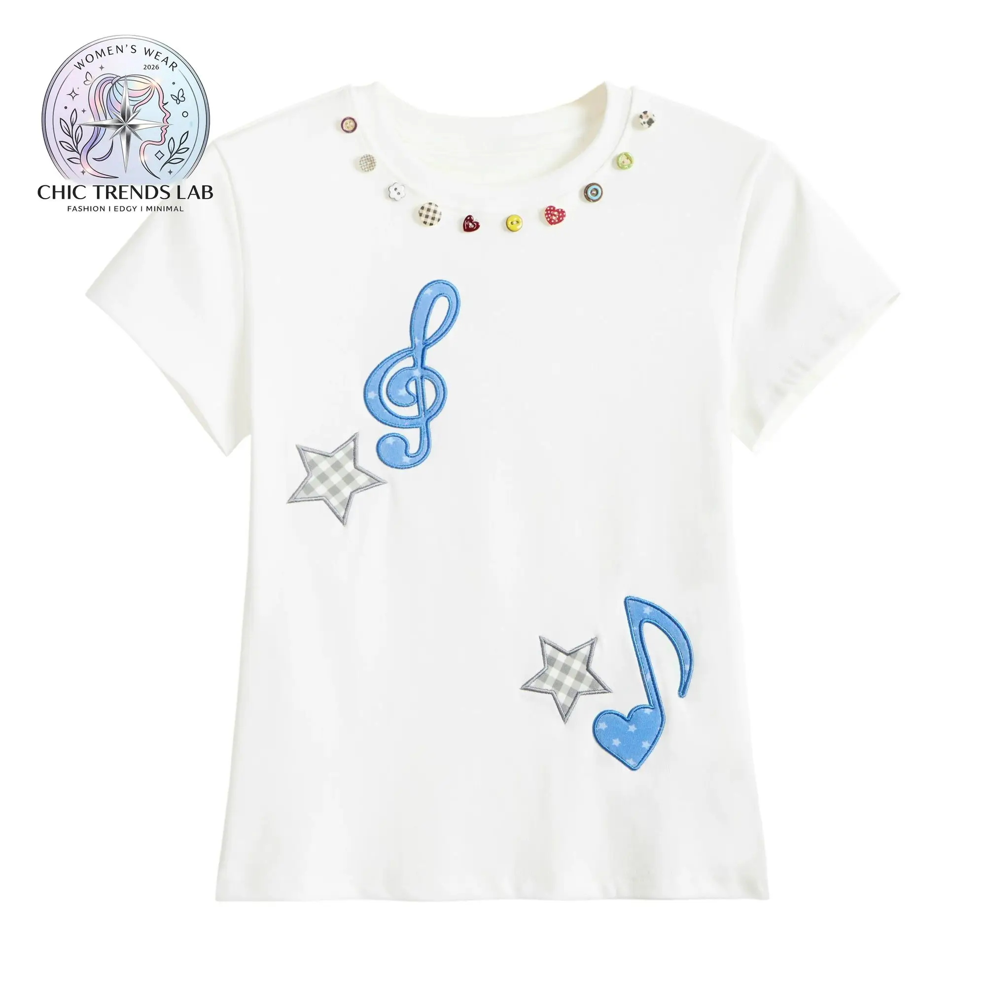 Kawaii Y2K Music Note Star Patch T Shirt Women Cute Button Neck Short Sleeve Top Harajuku Soft Girl Slim Fit Baby Tee Crop Топ