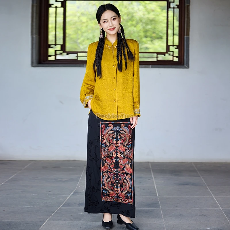 

2025 new chinese retro national style embroidered flower elastic waisted half skirt slit jacquard skirt women loose long skirt