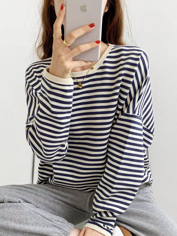 

2025 Autumn Casual Stripe Hoodie Women's Knitted Cotton Sportswear Women's Long Sleeve Loose Top T-shirt Women's