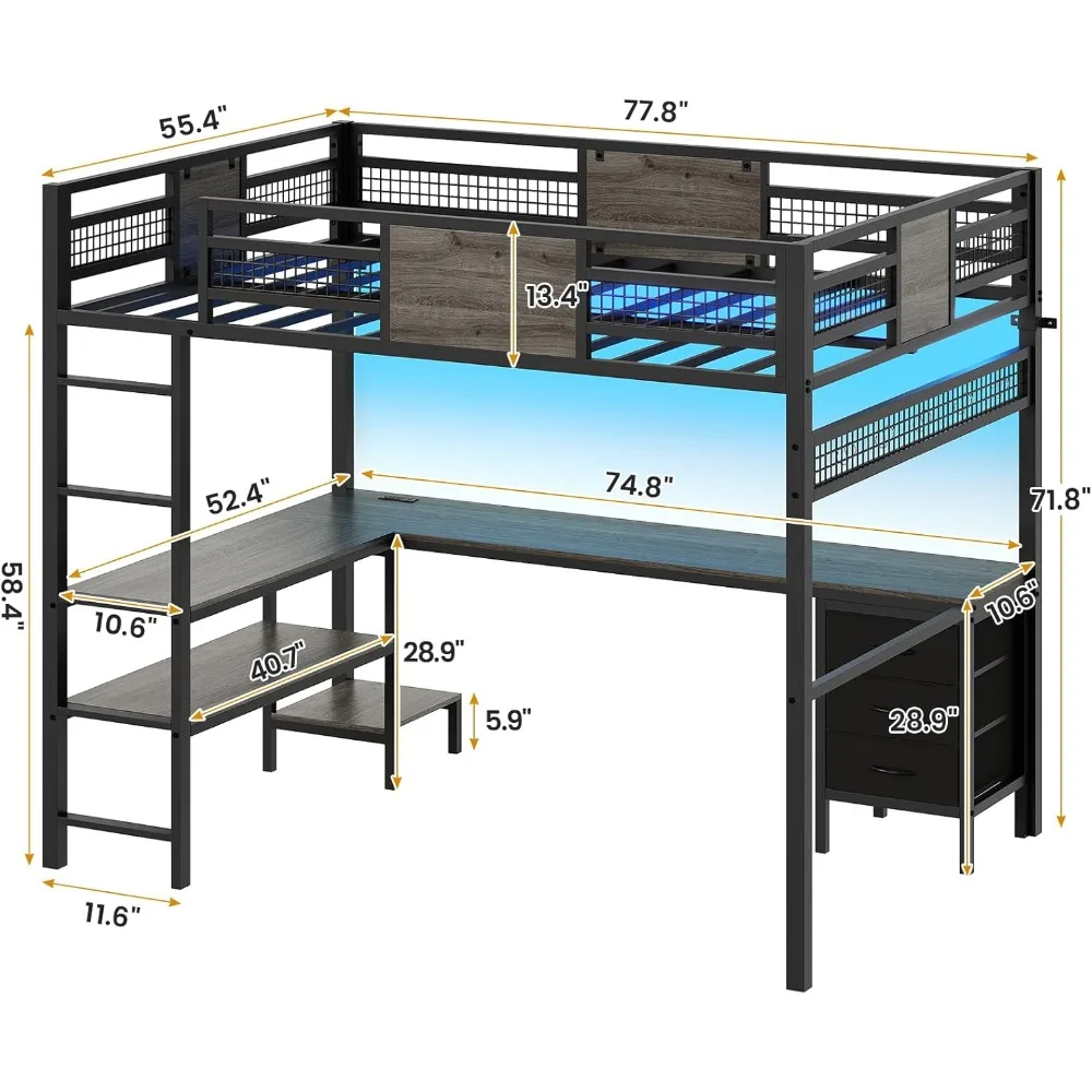 Hochbett in voller Größe mit L-förmigem Schreibtisch, 3 Schubladen, Steckdose, 3 Ablageflächen, Hochbettrahmen aus Metall mit RGB-Leuchten