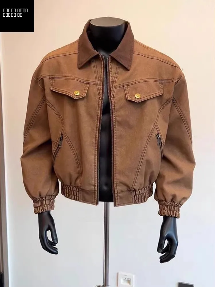 

Barn Sle Men's Brown Merlot Jaet American Cleanfit Silhouette PU Leather Coat Wear-resistant Straight Hemline Zipper Closure