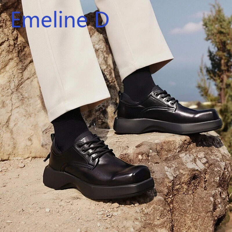 

Casual Leather Shoes Height Increasing Men's British Style Versatile Retro Design Fashionable Square Toe Thick Soled Shoes