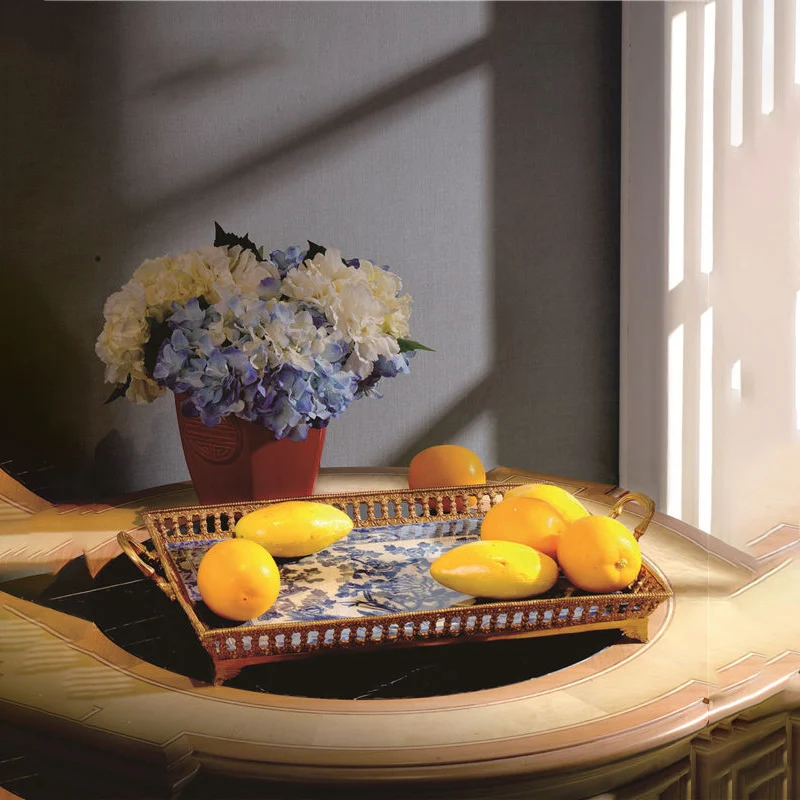 صينية فواكه بمقبض نحاسي على كلا الجانبين، صينية تزيين منزلية باللون الأزرق والأخضر 550*350*105 نحاس