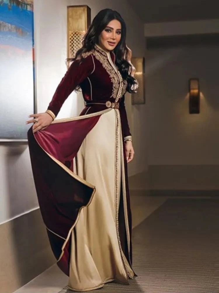 Burgundy Moroccan Kaftan Muslim Evening Dresses A-line Long Sleeves Velvet Appliques Dubai Arabic Turkey Caftan Islamic Gown