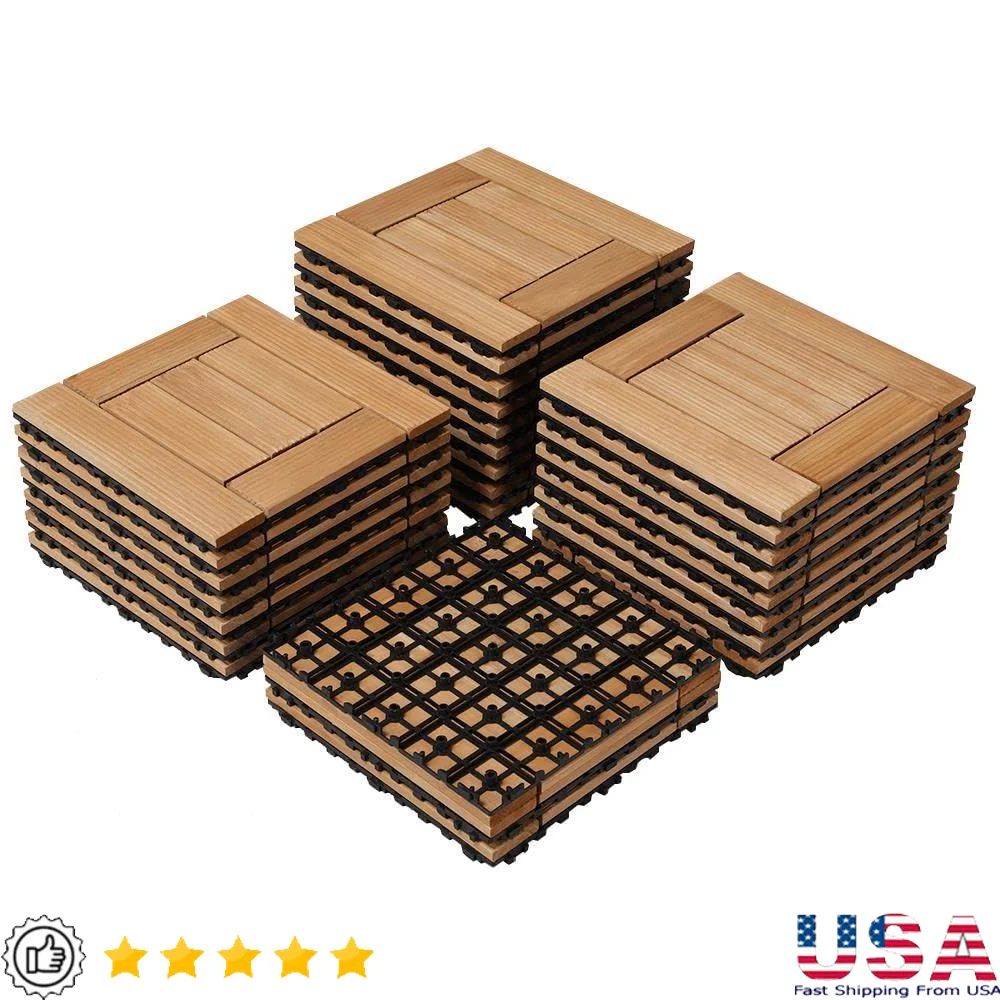 27PCS Interlocking Wood Deck Tiles Outdoor Flooring 12in Square Planks Durable Natural Composite Wood