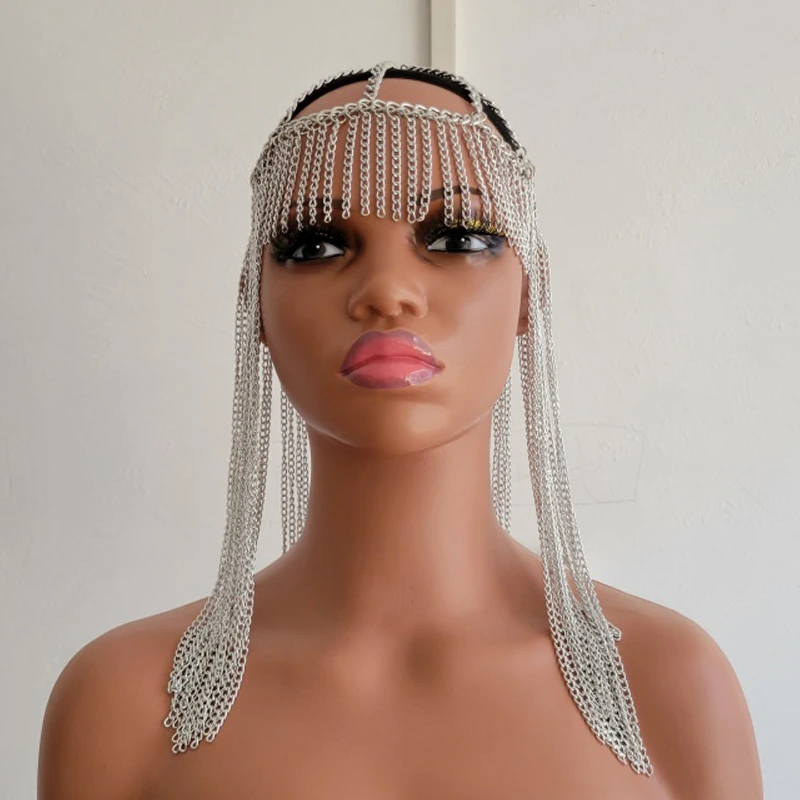 Damen Haarschmuck mit Quasten und Metallketten, Fransen-Kopfschmuck, hohles Netz-Kopfband für Nachtclub, Rave, Festival, Cosplay, Party, Körperkette – Detail 1