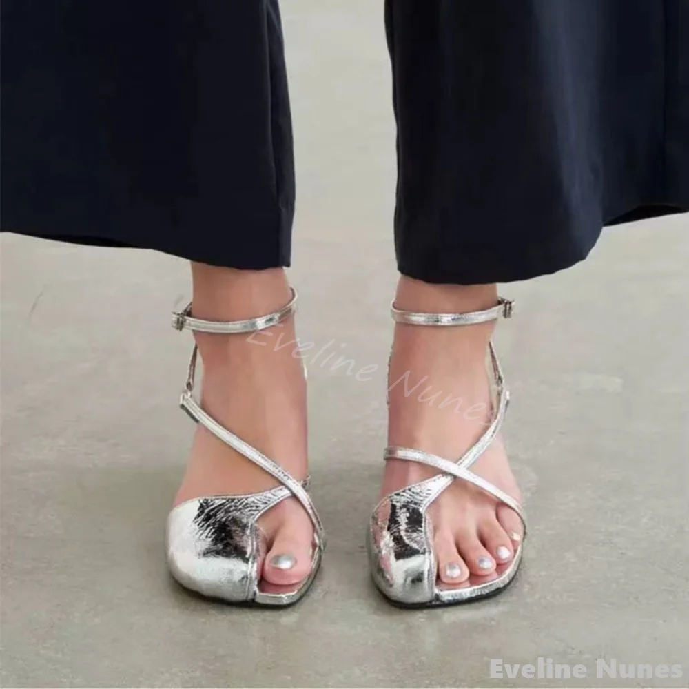 

Silver Toe Clip Chunky Heel Sandals Women Cross Straps Hollow Ankle Strap One Word Belt Sandals 2025 Summer New Fashion Sandals