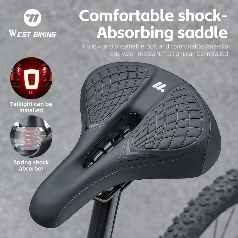 

WEST BIKING Bicycle Seats Pu Leather Mountain Road Bike Saddle with Rear Light Comfortable Shock-Absorbing Saddle Bicycle Parts