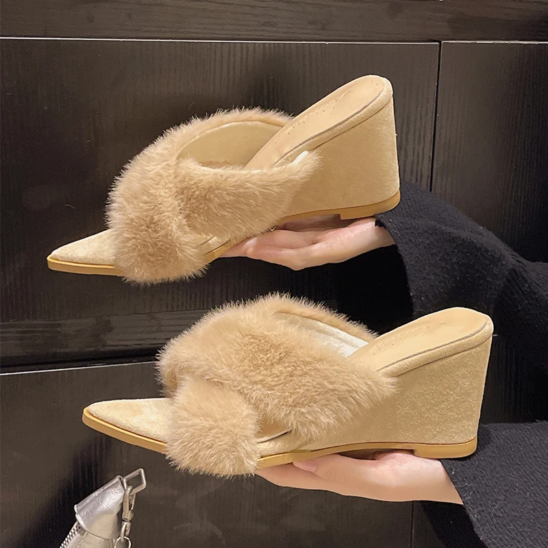 

Women Fluffy Slippers Wedges Shoes Super High Heels Sandals Winter 2025 Sexy Fur Shoes Slingback Flip Flops Open Toe Zapatos